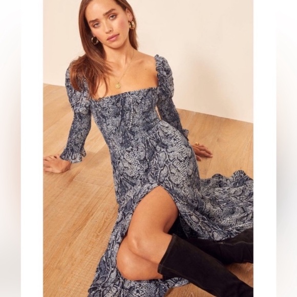 Reformation Rosamund Blue Serpent Print Smocked Midi Dress - Large - Picture 4 of 10